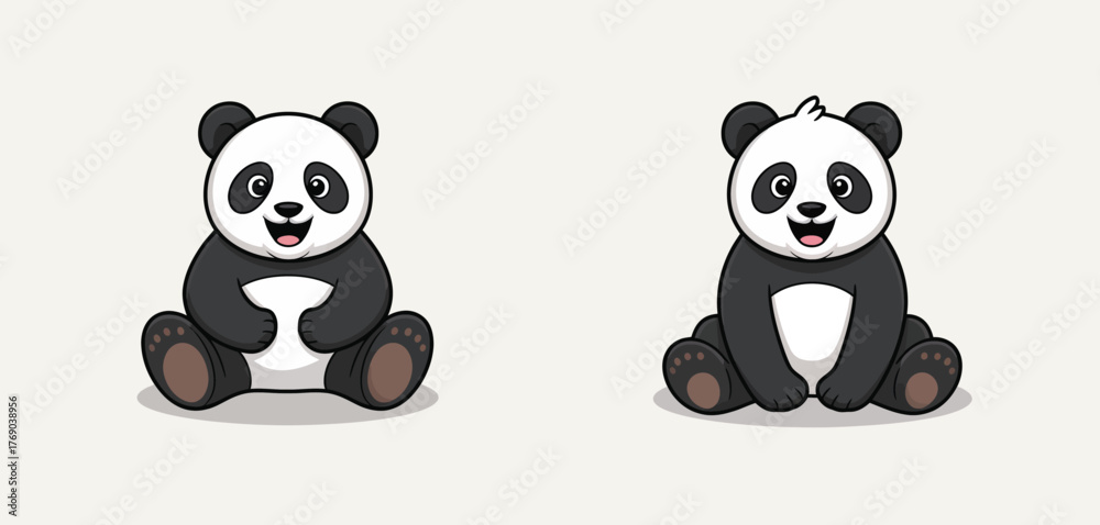 Naklejka premium Two cute cartoon pandas sitting together smiling