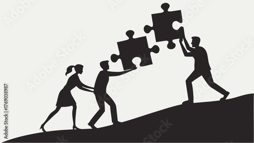 Teamwork illustration showing three people collaborating to assemble puzzle pieces on a hill together