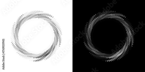 Dynamic abstract spiral sound wave rhythm lines. Circular spiral sound wave rhythm of lines. Circular futuristic abstract lines, black and white background.	
