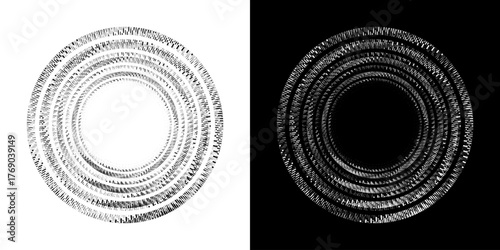 Dynamic abstract spiral sound wave rhythm lines. Circular spiral sound wave rhythm of lines. Circular futuristic abstract lines, black and white background.	

