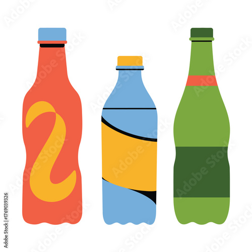 Three colorful cartoon bottles of soda or juice on a white background