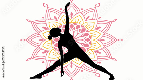 Silhouette of a woman in yoga triangle pose against a pink and yellow mandala design on a white background