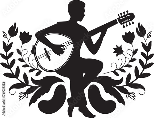 Stylized Instrument Player Silhouette Illustration with Floral Decoration