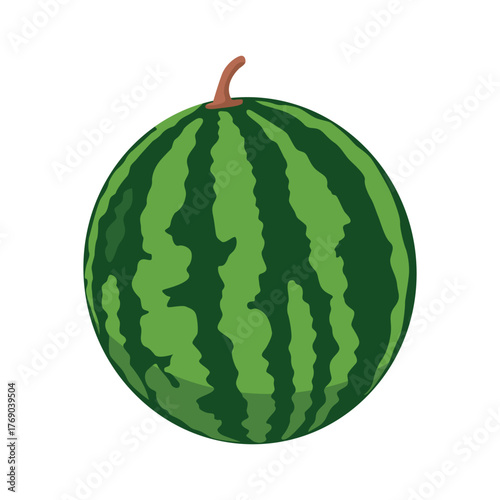 A whole green watermelon with dark stripes on white background.