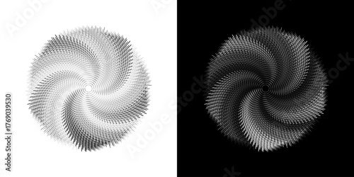 Dynamic abstract spiral sound wave rhythm lines. Circular spiral sound wave rhythm of lines. Circular futuristic abstract lines, black and white background.	
