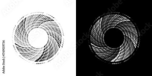 Dynamic abstract spiral sound wave rhythm lines. Circular spiral sound wave rhythm of lines. Circular futuristic abstract lines, black and white background.	
