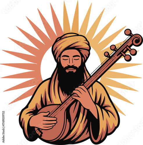 Sufi Saint In Spiritual Meditation With Instrument Vector Illustration