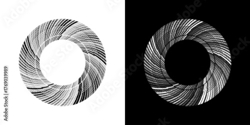 Dynamic abstract spiral sound wave rhythm lines. Circular spiral sound wave rhythm of lines. Circular futuristic abstract lines, black and white background.	

