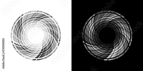 Dynamic abstract spiral sound wave rhythm lines. Circular spiral sound wave rhythm of lines. Circular futuristic abstract lines, black and white background.	
