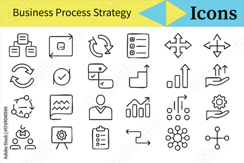 Corporate Workflow and Process Outline Vector Illustrations in Black and White