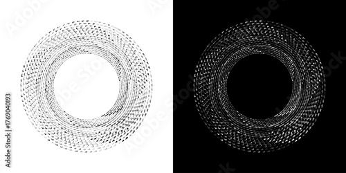 Dynamic abstract spiral sound wave rhythm lines. Circular spiral sound wave rhythm of lines. Circular futuristic abstract lines, black and white background.	

