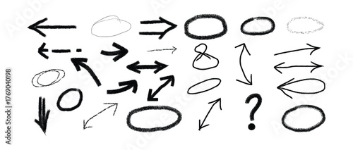 Collection of handdrawn arrows, circles, question marks, and other doodle elements isolated on a
