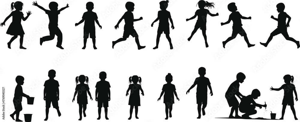 Naklejka premium Silhouette of children playing, walking, running, and standing together, perfect for education, family, childhood concept, and vector illustration.