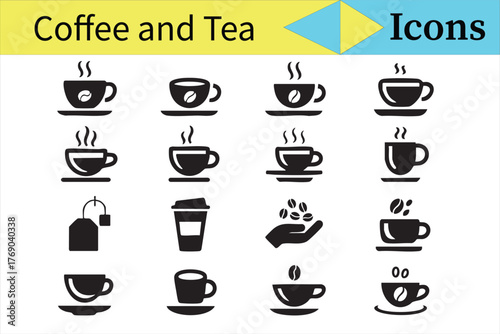 Coffee and Tea Cup Vector Icons Set for Cafe and Beverage Design