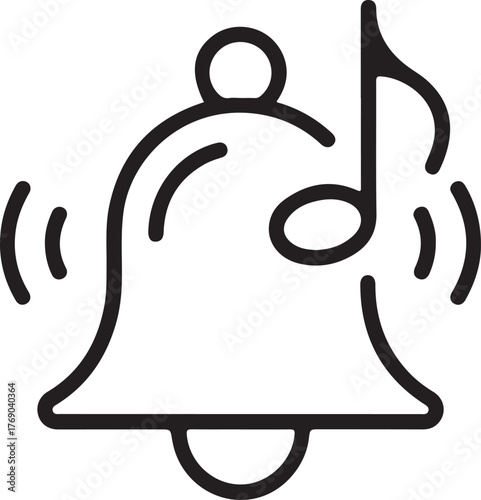 Simple outline icon of a ringing bell with a musical note