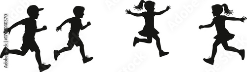 Silhouette of happy children running and playing outdoors, perfect for school poster, playground design, family concept, and vector illustration.