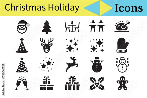 Christmas and New Year Icons Collection in Black and White Vector Style