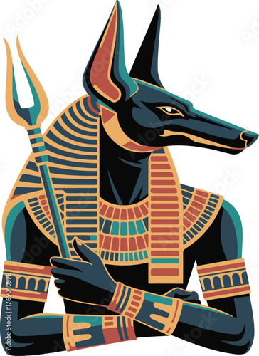 Anubis Ancient Egyptian God of Afterlife Jackal Head Holding Staff Artistic Vector