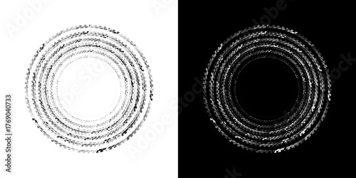 Dynamic abstract spiral sound wave rhythm lines. Circular spiral sound wave rhythm of lines. Circular futuristic abstract lines, black and white background.	

