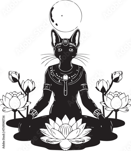 Bastet Ancient Egyptian Cat Goddess Lotus Flowers Meditating Pose Vector Illustration