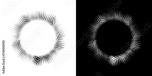 Dynamic abstract spiral sound wave rhythm lines. Circular spiral sound wave rhythm of lines. Circular futuristic abstract lines, black and white background.	
