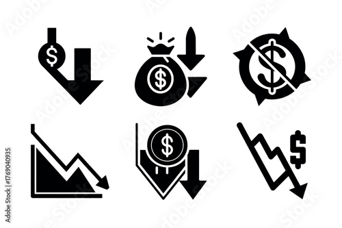 Financial Loss Icons – Dollar Down Arrow and Money Decline Vector Silhouettes
