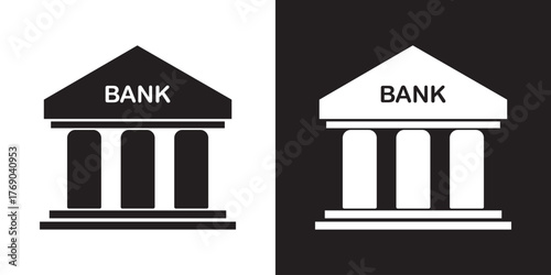 Banking Icons — Bank Building, ATM, Money Stack, Global Currency Symbols on Black and White Background.