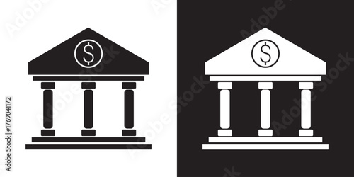Banking Icons — Bank Building, ATM, Money Stack, Global Currency Symbols on Black and White Background.