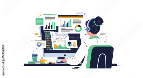 Person in headset at desk with a computer displaying charts and code