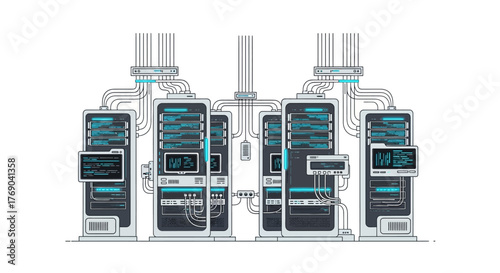 Server racks with attached monitors and cables arranged in a linear configuration against a white background