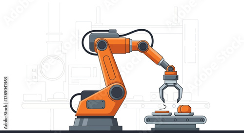 Robotic arm lifts item from conveyor Factory automation shown