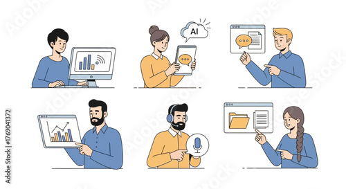 Six illustrated people interact with screens showing data AI chat graph microphone  folder