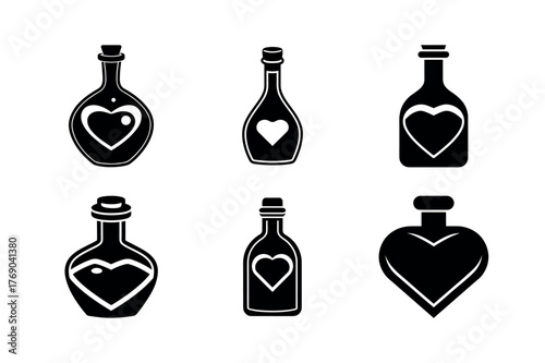 Love Potion Bottle Icons Set – Black and White Heart Glass Bottle Vector Illustration