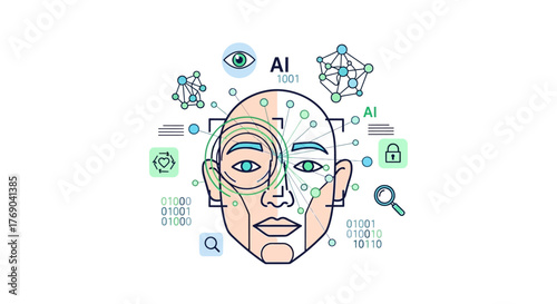 Stylized face surrounded by tech icons lines  binary code symbols of AI