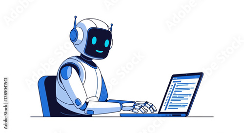 A friendly cartoon robot sits at a table typing on a laptop with lines of code displayed on the screen