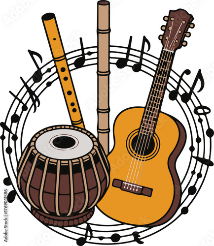 Set of Indian String and Wind Instruments Vector Design Illustration