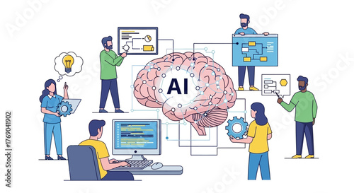 Cartoon People interacting with AI brain plus computer coding