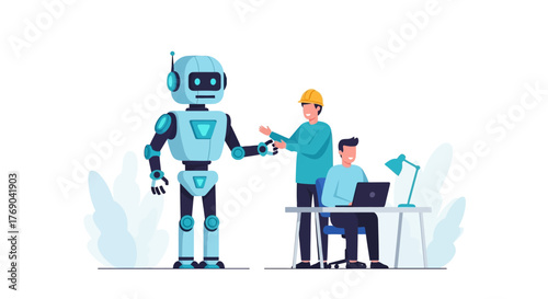 Cartoon robot stands near men working at a desk