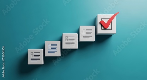 Checklist progress with a red checkmark on a teal background, symbolizing completion and success