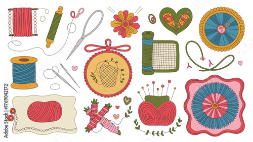Collection of colorful embroidery and craft supplies artfully arranged