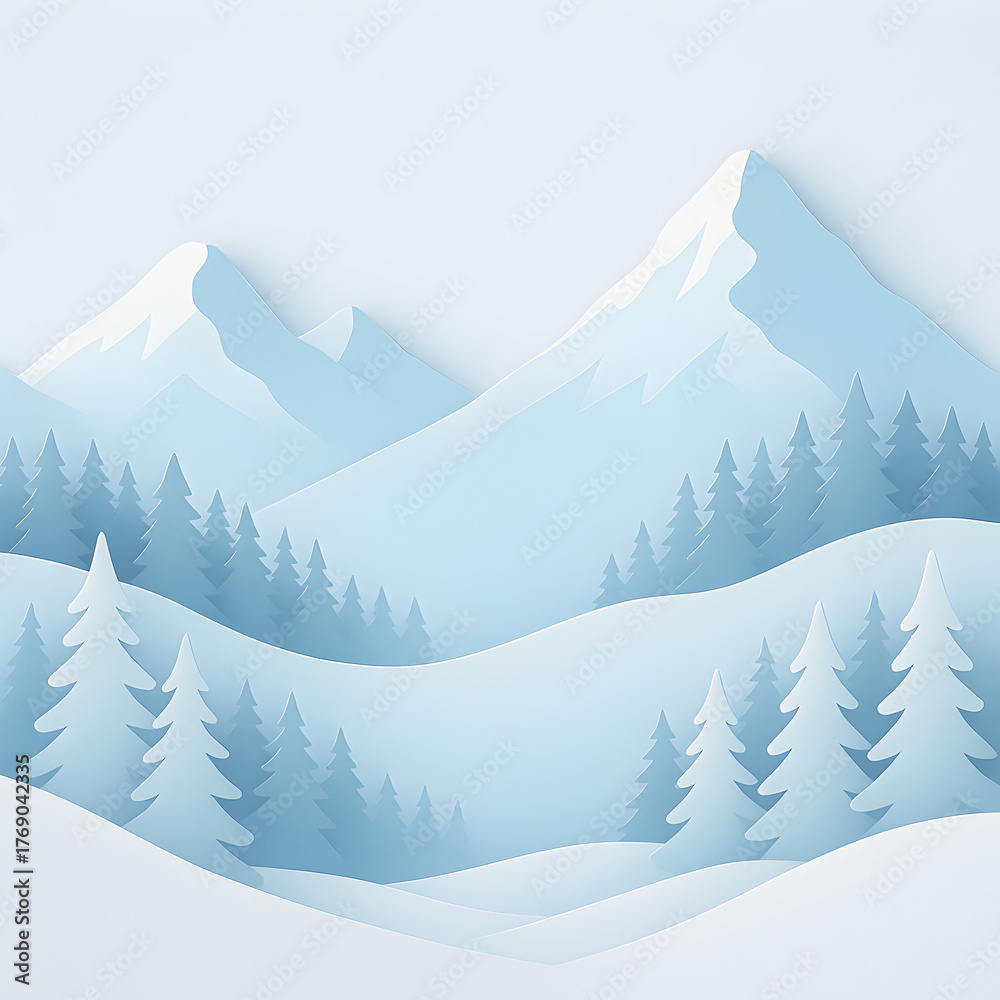 Fototapeta premium paper-cut layered mountains and pine forest in snow, pastel blue shades