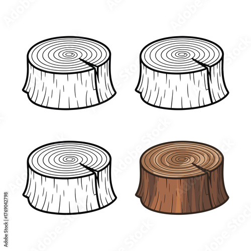 Four different tree stump illustrations in black and white and color