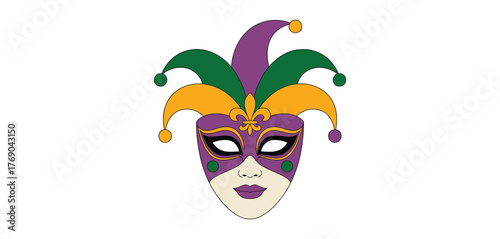 Traditional mardi gras jester mask with purple green and gold colors