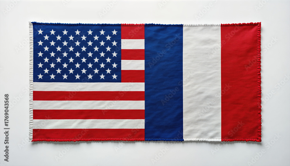 Obraz premium Cultural exchange event usa and france flags studio environment textile art close-up view national identity concept