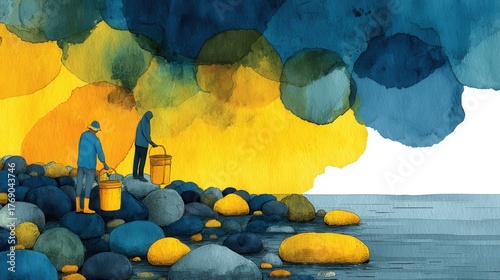 Two figures collecting items by a colorful rocky shore.