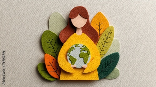 Eco-conscious woman holding the earth surrounded by leaves and nature.