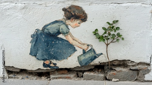 A child watering a small plant against a textured wall.
