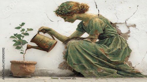 Artistic woman watering a plant against a textured wall.