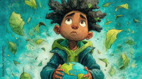 A child holds the Earth, surrounded by leaves and a vibrant background.