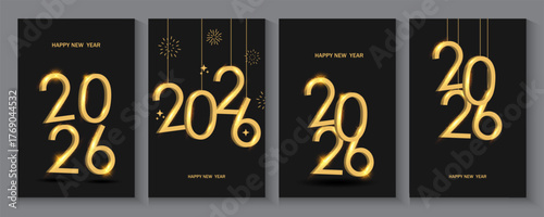  New Year 2026 logo design template with numbers and typography   for Merry Christmas. 2026 gold hanging on black background.
Creative concept for branding, calendar, greeting card, banner, poster. 
